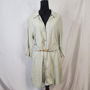 ZARA Size Medium Linen Blend Chain Link Belted Shirtdress Light Khaki Green EUC